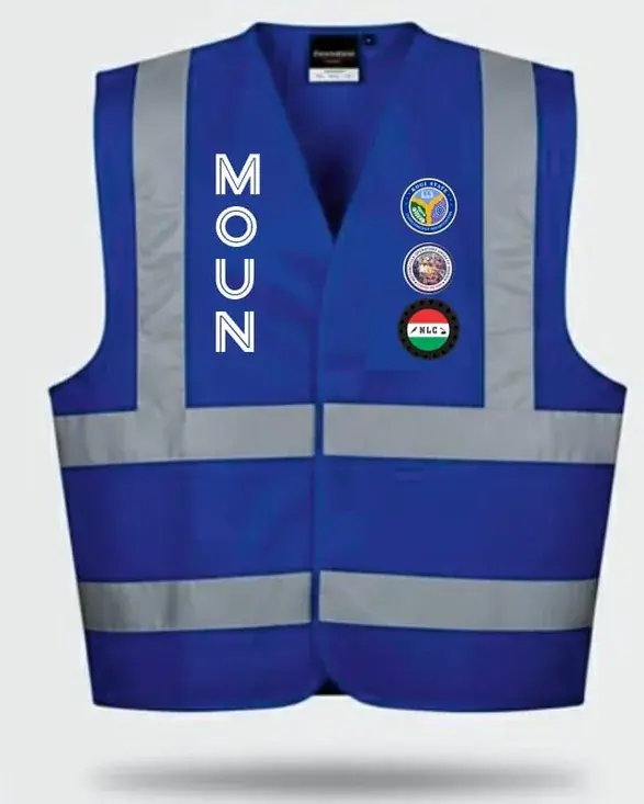 Blue MOUN Kogi State Chapter reflective safety vest shown from the front and back.