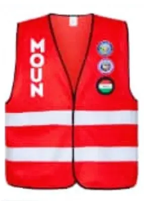 Red MOUN Kogi State Chapter reflective safety vest shown from the front and back.