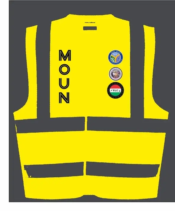 Yellow MOUN Kogi State Chapter safety vest design showing the front and back identification layout.